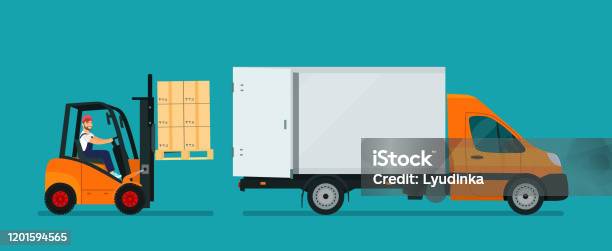 Van Loading Vector Forklift Cargo Van Loading Vector Flat Style Illustration Stock ...