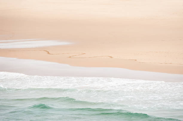 istock Waves on the beach and traces on the sand. 1201599984