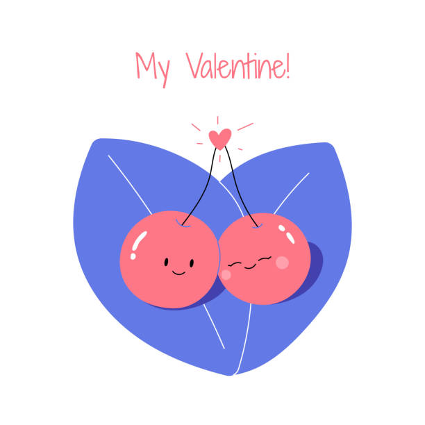 tatlı güzel kiraz çift birlikte kalp işareti yapmak yaprakları üzerinde duran, sevgililer günü kutluyor - cherry valentine stock illustrations