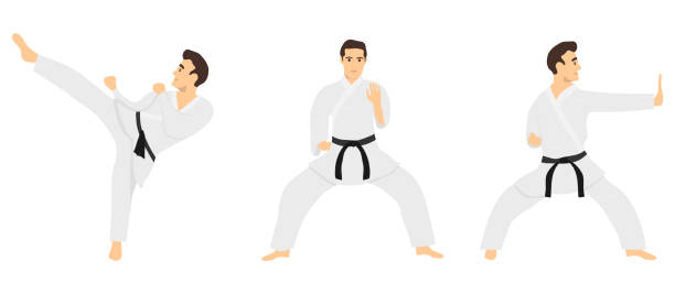 ilustraciones, imágenes clip art, dibujos animados e iconos de stock de karate masculino. el maestro del karate muestra trucos. ilustración vectorial del hombre de karate en kimono blanco aislado sobre fondo blanco. vector. - karate child judo belt