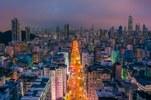 Drone view of intersection in Hong Kong Downtown. Drone view of intersection in Hong Kong Downtown. Sham Shui Po, Kowloon, Hong Kong mong kok stock pictures, royalty-free photos & images