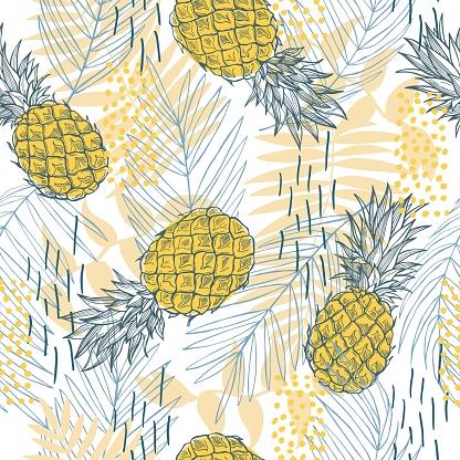 Hand drawn tropical plants and pineapples.Vector seamless pattern