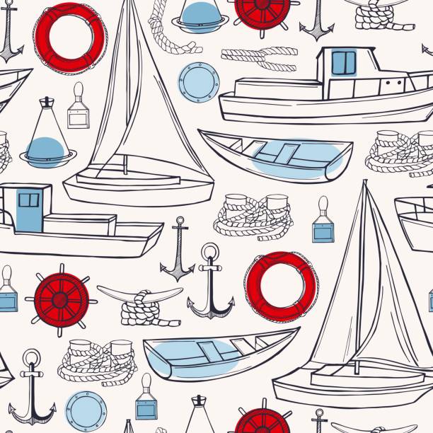 ilustraciones, imágenes clip art, dibujos animados e iconos de stock de transporte marítimo, yates y barcos. patrón vectorial. - bay