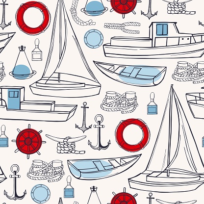 Sea transport, yachts and ships. Vector  seamless pattern.