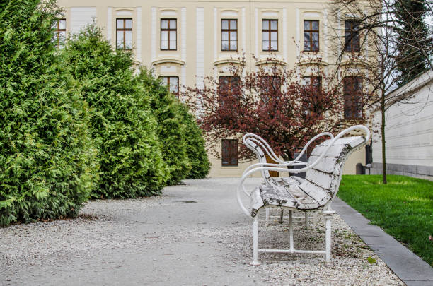 Small white benches and conifer trees in the park, Prague. Autumn landscape, popular tourist destination, Czech Republic