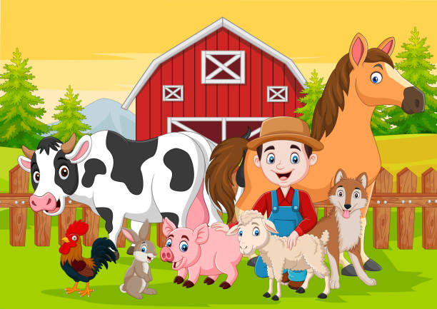 Cartoon farmer and farm animals in the barnyard Vector illustration of Cartoon farmer and farm animals in the barnyard wolf and lamb stock illustrations