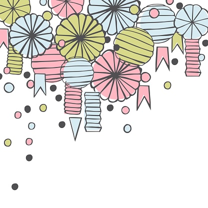 Vector background with paper Pom Poms, balloons and garlands.