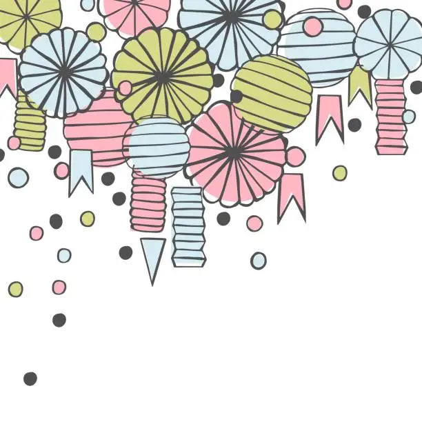 Vector illustration of Paper Pom Poms, balloons and garlands.