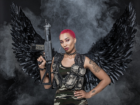 Black Winged Female Warrior Military Angel