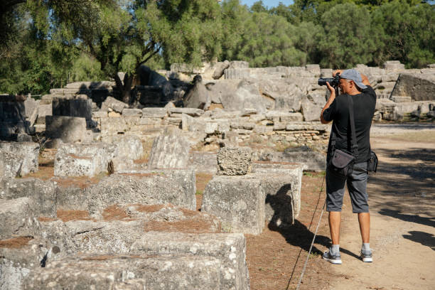 Ancient Olympia - reconstructed sandstone columns and foundation of ruins from classical Greece