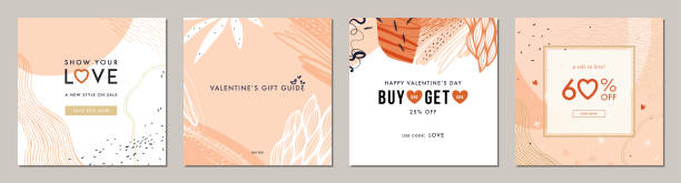 Universal Valentine's Templates_05 Happy Valentine's Day greeting cards. Trendy abstract square art templates. Suitable for social media posts, mobile apps, banners design and web/internet ads. pastel colored illustrations stock illustrations