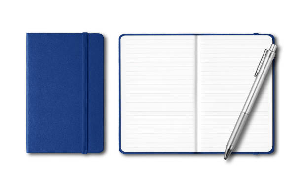 istock Marine blue closed and open notebooks with a pen isolated on white 1201614869