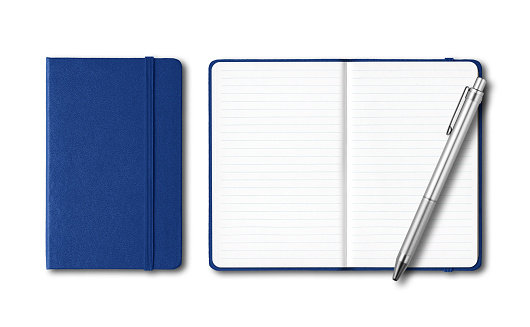 Marine blue closed and open notebooks with a pen isolated on white