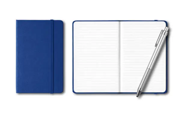 Marine blue closed and open lined notebooks with a pen isolated on white