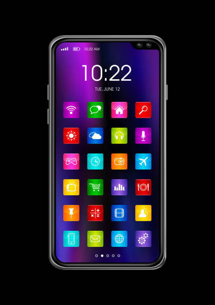 All screen digital realistic smartphone with colorful icon set isolated on black. 3D render
