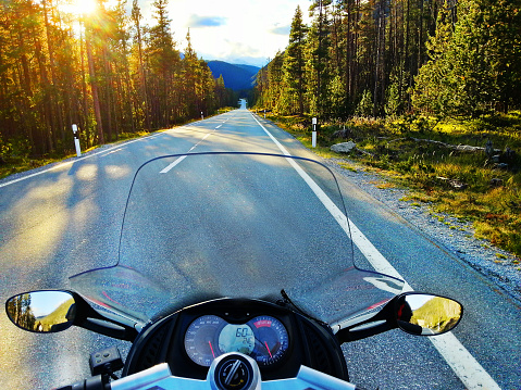 Driving a motorbike on a road between trees towards the sunset, point of view of the rider