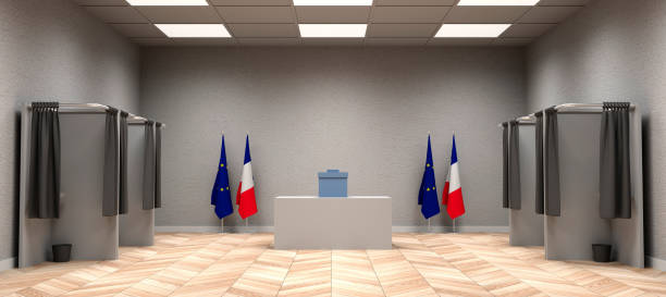 istock vote room with ballot box and Voting booth 1201624231