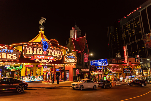 Niagara City, Ontario, Canada - May 28, 2019: The Fun Neighborhood of Niagara City in Canada at night