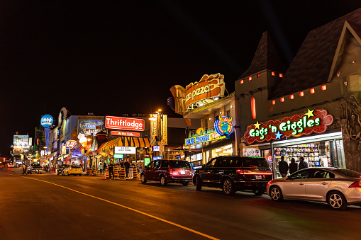 Niagara City, Ontario, Canada - May 28, 2019: The Fun Neighborhood of Niagara City in Canada at night