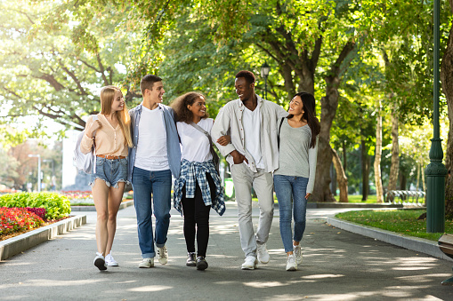 Happy multiracial students walking together in park after studying