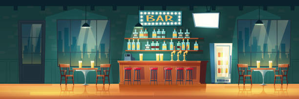 ilustraciones, imágenes clip art, dibujos animados e iconos de stock de bar en la noche metrópolis dibujos animados vector interior - bar stool chair cafe