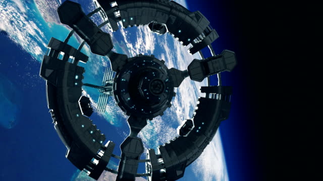 Space station in planet earth orbit. Space exploration.