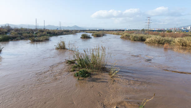 istock Flooded river, floods in the city, climate change 1201640618