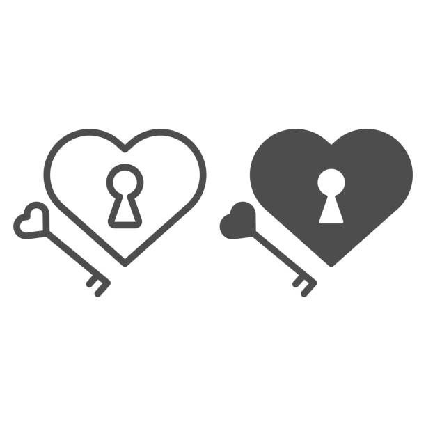 ilustrações, clipart, desenhos animados e ícones de cadeado em forma de coração e linha de chave e ícone sólido. lock e chave na ilustração em forma de coração isolada em branco. cadeado do dia dos namorados e design de estilo de contorno chave, projetado para web e aplicativo. eps 10. - key locking lock symbol