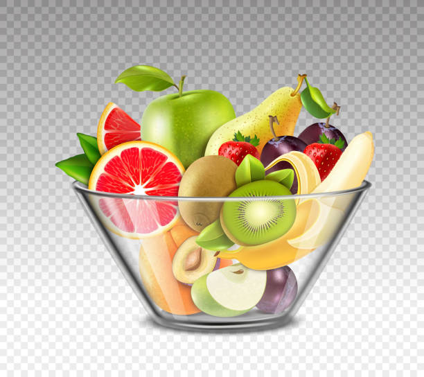 ilustraciones, imágenes clip art, dibujos animados e iconos de stock de frutas realistas en tazón de vidrio - plum grape fruit clip art