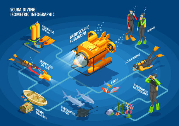 scuba diving snorkeling isometric flowchart Scuba diving snorkelling isometric flowchart with underwater divers in suits with diving equipment fishes and bathyscaphe vector illustration aquatic organism stock illustrations