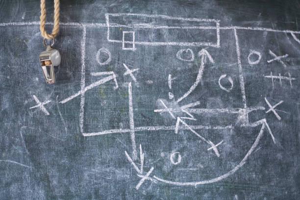 Soccer tactics diagram scribble and whistle of soccer or football referee on a black board. Great soccer event in europe. stock photo