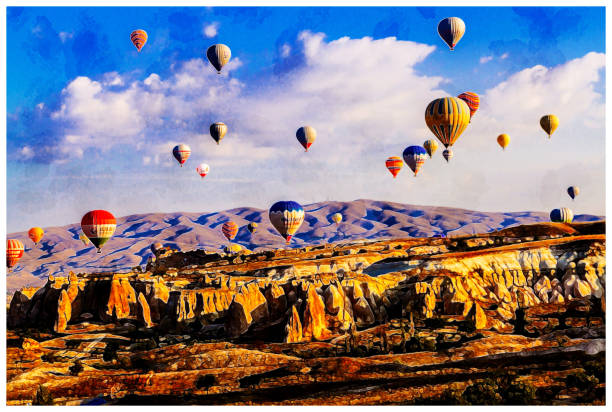 Colorful hot air balloons flying over the valley at Cappadocia, Anatolia, Turkey Colorful hot air balloons flying over the valley at Cappadocia, Anatolia, Turkey - painted style illustration. cappadocia balloon stock illustrations