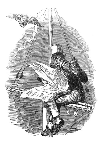 British satire comic cartoon caricatures illustrations - Man sitting on mast of a ship reading a newspaper From Punch's Almanack punch puppet stock illustrations