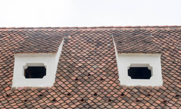 istock Two dormers with windows on old brown ceramic roof, Romania 1201642513