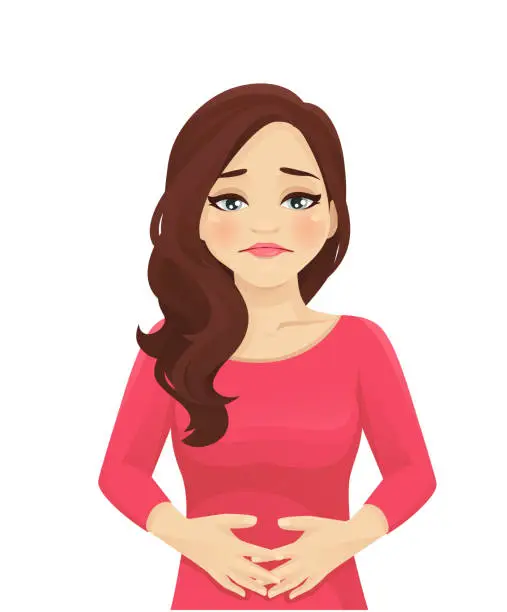 Woman stomach ache Sad beautiful woman with stomach ache. Isolated vector illustration Menstrual Cramp cartoon stock illustrations