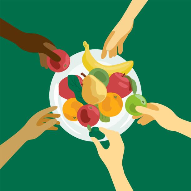 People take food from a plate Food sharing illustration. Human hands with fruits. People of different nationalities take food from plate. Design for charity, volunteer organization, restaurant or cafe. Background for flyer, banner poverty illustrations stock illustrations