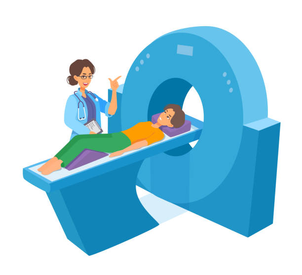 ilustrações de stock, clip art, desenhos animados e ícones de a young adult woman lies on an mri examining. doctor smiling. - doctor vector radiologist happiness