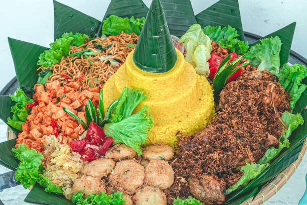Indonesian Traditional Food, Yellow Rice, Tumpeng Side Dish stock photo