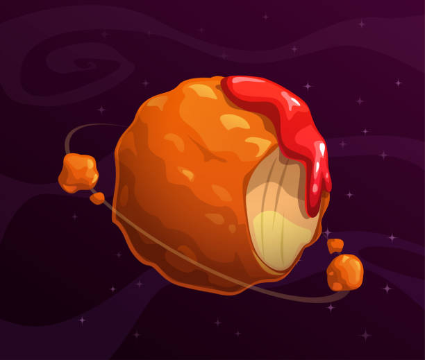 Cartoon chicken nuggets planet. Giant round nugget in the space Cartoon chicken nuggets planet. Giant round nugget in the space. Vector fast food world concept. nuggets heat stock illustrations