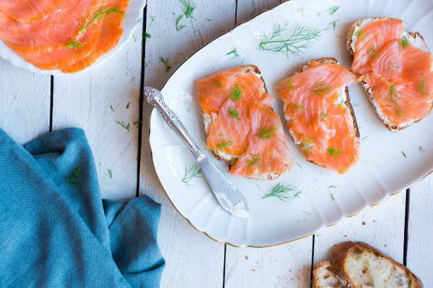 istock Sandwiches with smoked salmon and creamy cheese on bread 1201645232
