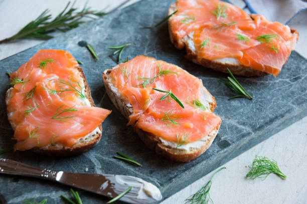 istock Sandwiches with smoked salmon and creamy cheese on bread 1201645295