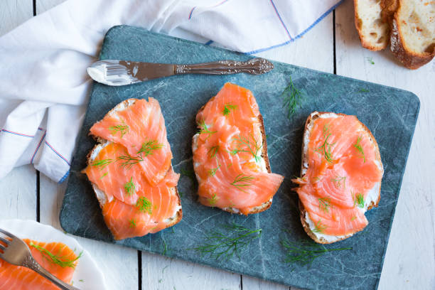 istock Sandwiches with smoked salmon and creamy cheese on bread 1201645331