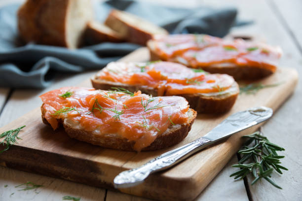 istock Sandwiches with smoked salmon and creamy cheese on bread 1201645350