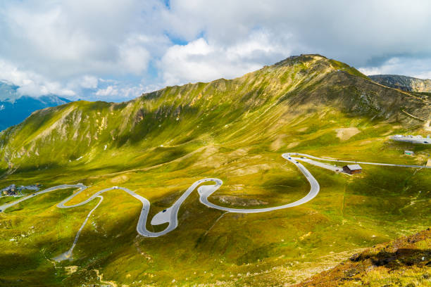 Alpine winding road in Austria surrounded by mountains.