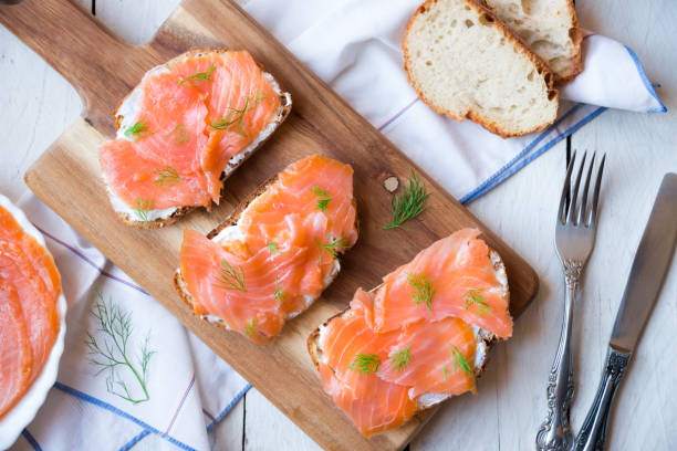 istock Sandwiches with smoked salmon and creamy cheese on bread 1201645399