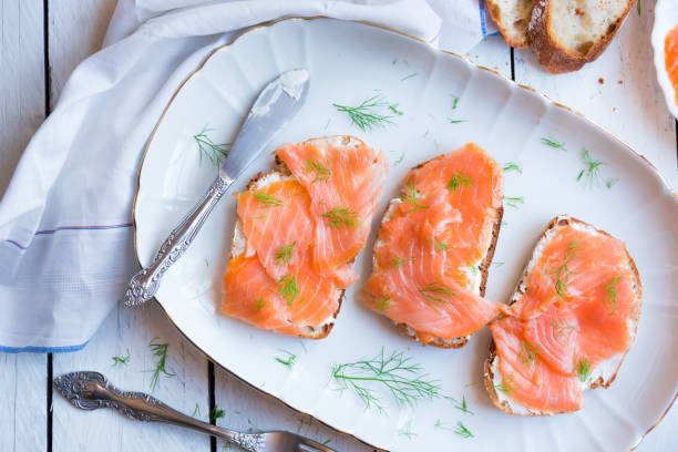 istock Sandwiches with smoked salmon and creamy cheese on bread 1201645413