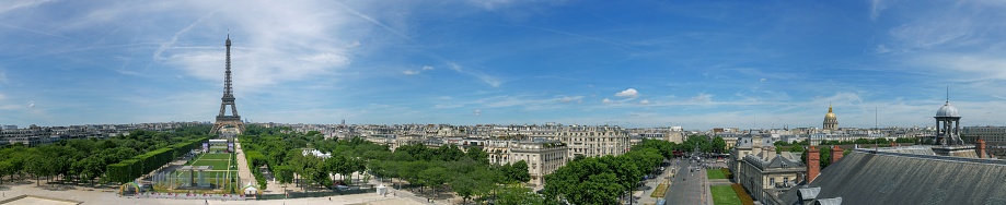 Paris, Champs de Mars, Eiffel Tower, panoramic from the military school, Invalides