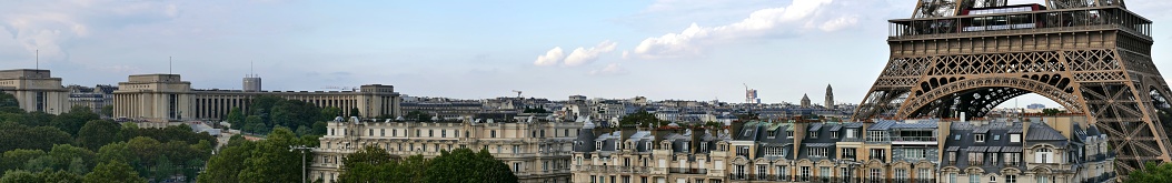 Aerial view of Paris with Champ-de-Mars, Eiffel Tower and skyscrapers of La Defense