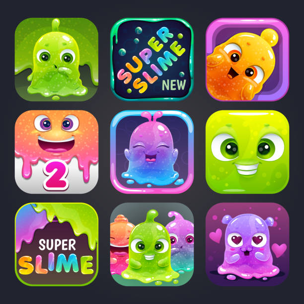 Funny cartoon colorful app icons for slime game logo design Funny cartoon colorful app icons for slime game logo design. Slimy character icons set. GUI assets collection. space invaders game stock illustrations
