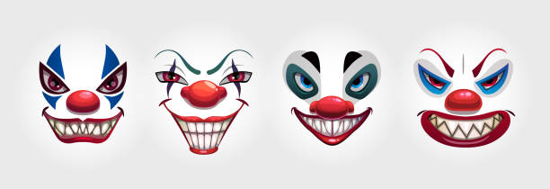 Crazy clowns faces on white background. Circus monsters Crazy clowns faces on white background. Circus monsters. Scary evil clown smile. Vector icons set. cartoon human face eye stock illustrations